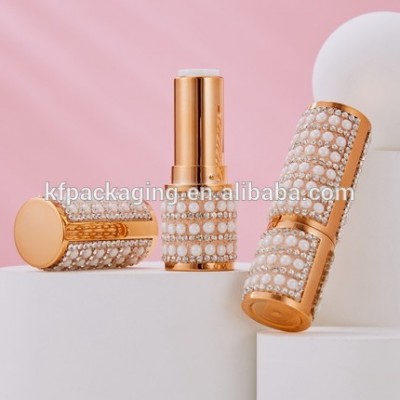 Luxury DIY gold  empty lipstick tube container with pearl diamond in stock